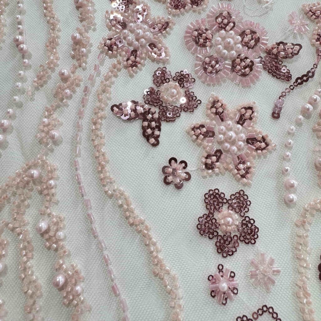 Elegant Floral Beaded Fabric | Luxury Tube Bead Embellished Fabric for Bridal & Evening Wear