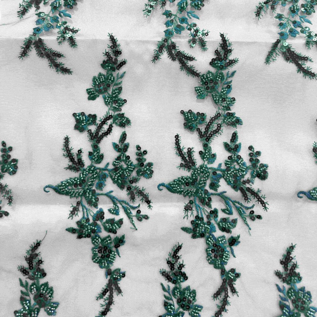 Dark Green Floral Beaded Fabric | Luxury Embellished Fabric for Bridal & Evening Wear