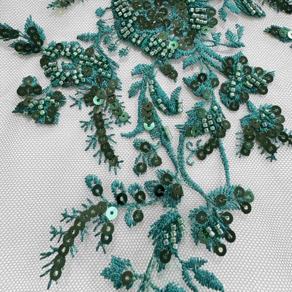 Dark Green Floral Beaded Fabric | Luxury Embellished Fabric for Bridal & Evening Wear